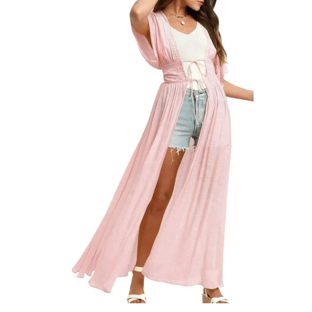 Beachy fashion tie front kimono lace waist maxi cardigan cover up Pink Women’s L